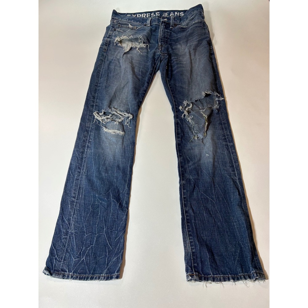 Express Jeans Slim Men 30x32 Blue Good Distressed Low Rise Boot Cut Denim